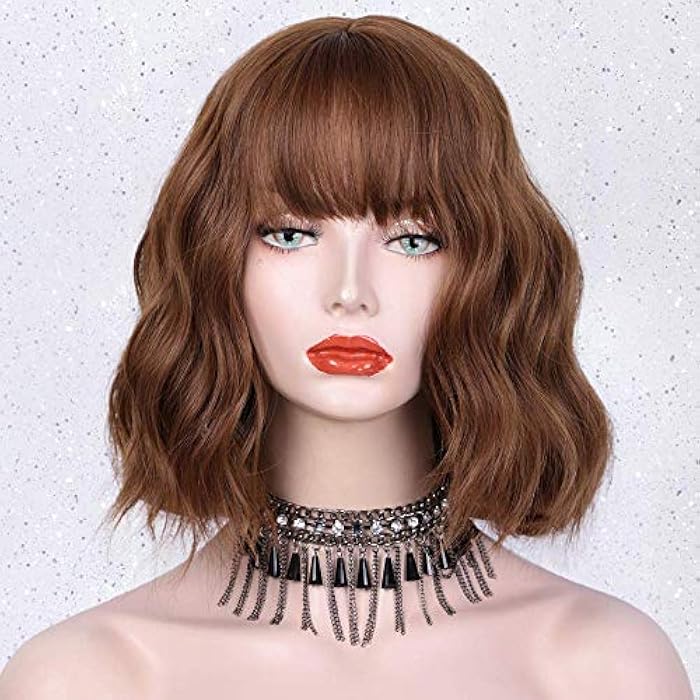 DILLARDS Izhenwo Short Curly Wavy Bob Wigs For Women Black Wig With Bangs Shoulder Length Synthetic Heat Resistant Fiber Wigs (Mixed Brown) - Image 3